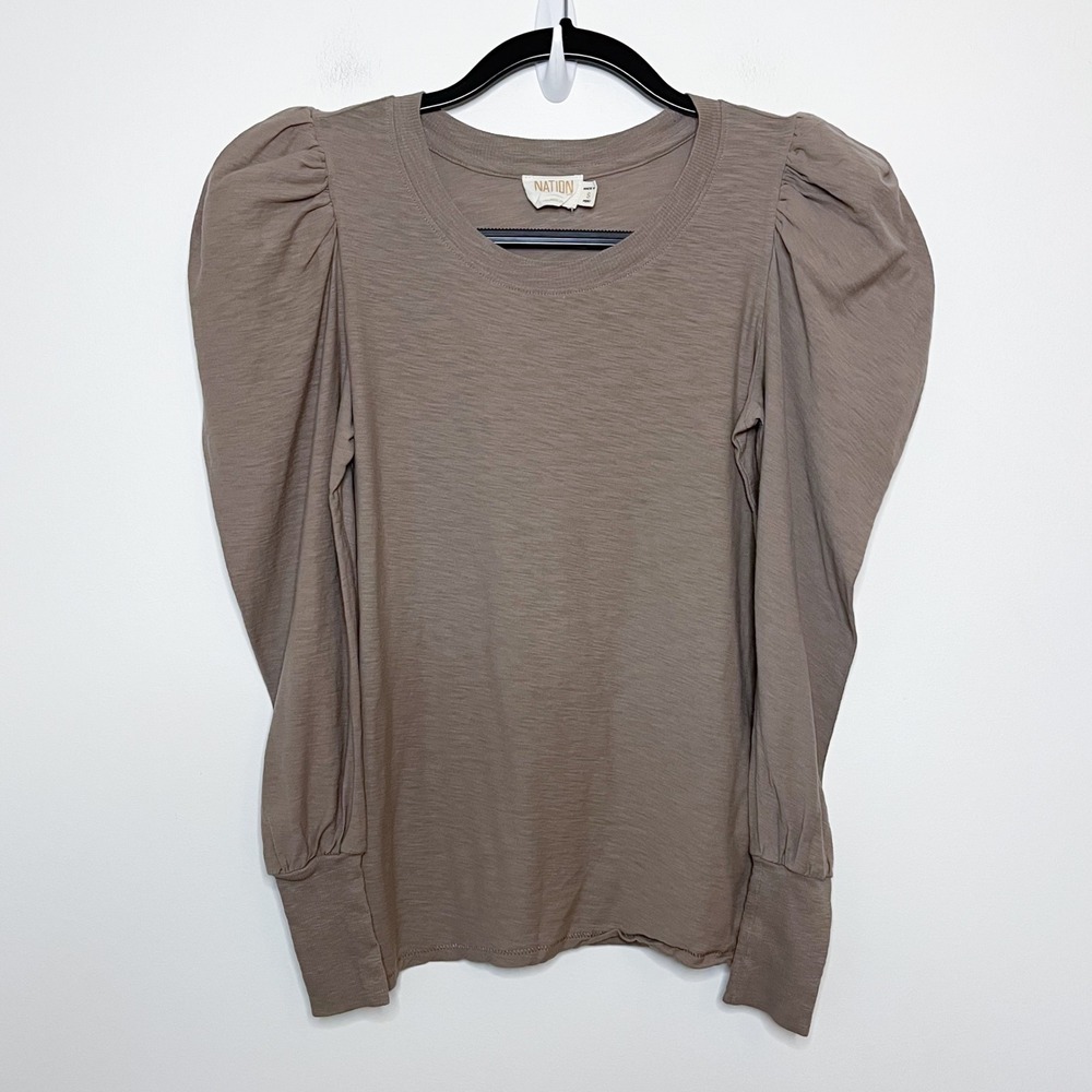 Nation Los Angeles Romy Modest Top Womens Small Taupe Puff Sleeve Pima Cotton